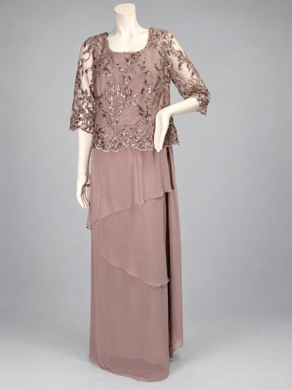 Le Bos Mauve Sequin Lace Tiered Chiffon Maxi Gown Mother of the Bride Size 16